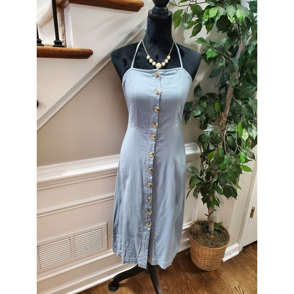 Patrons of Piece Women's Solid Blue 100% Cotton Strappy Knee Length Dress Size S